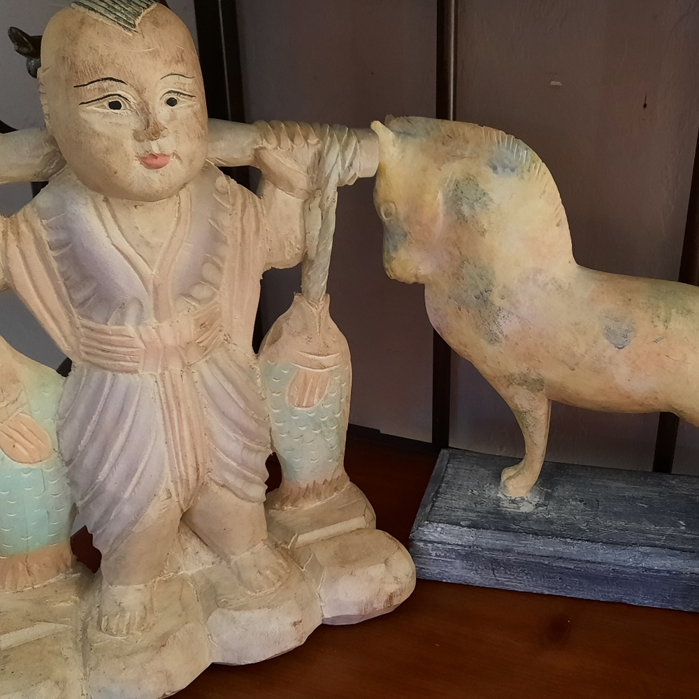 Set of 2 hand-carved wooden Asian statues